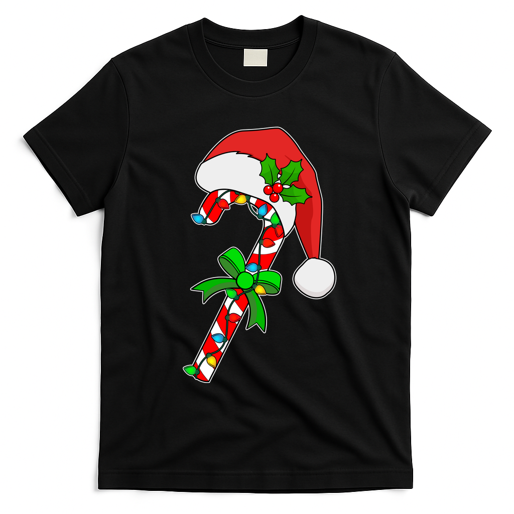 Christmas Santa Hat Candy Cane T-Shirt - Black