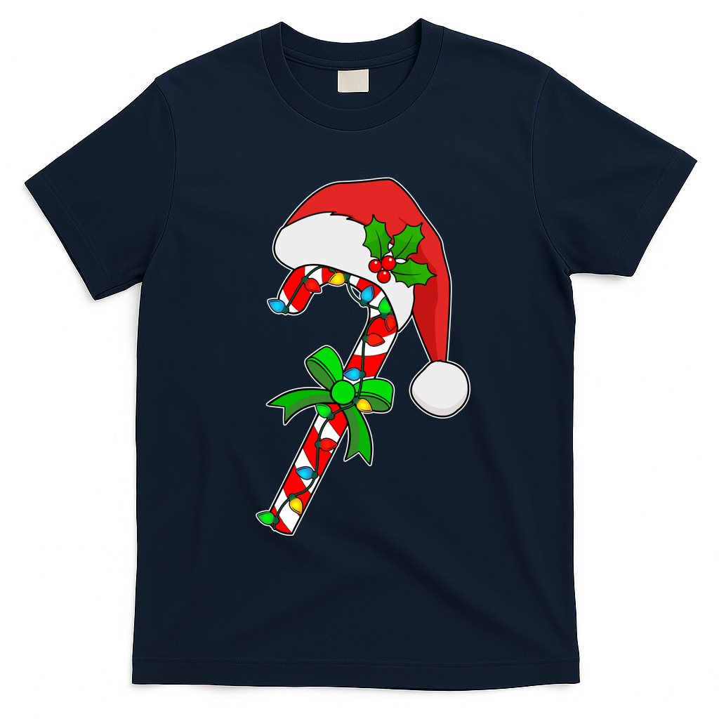 Christmas Santa Hat Candy Cane T-Shirt - Navy Blue