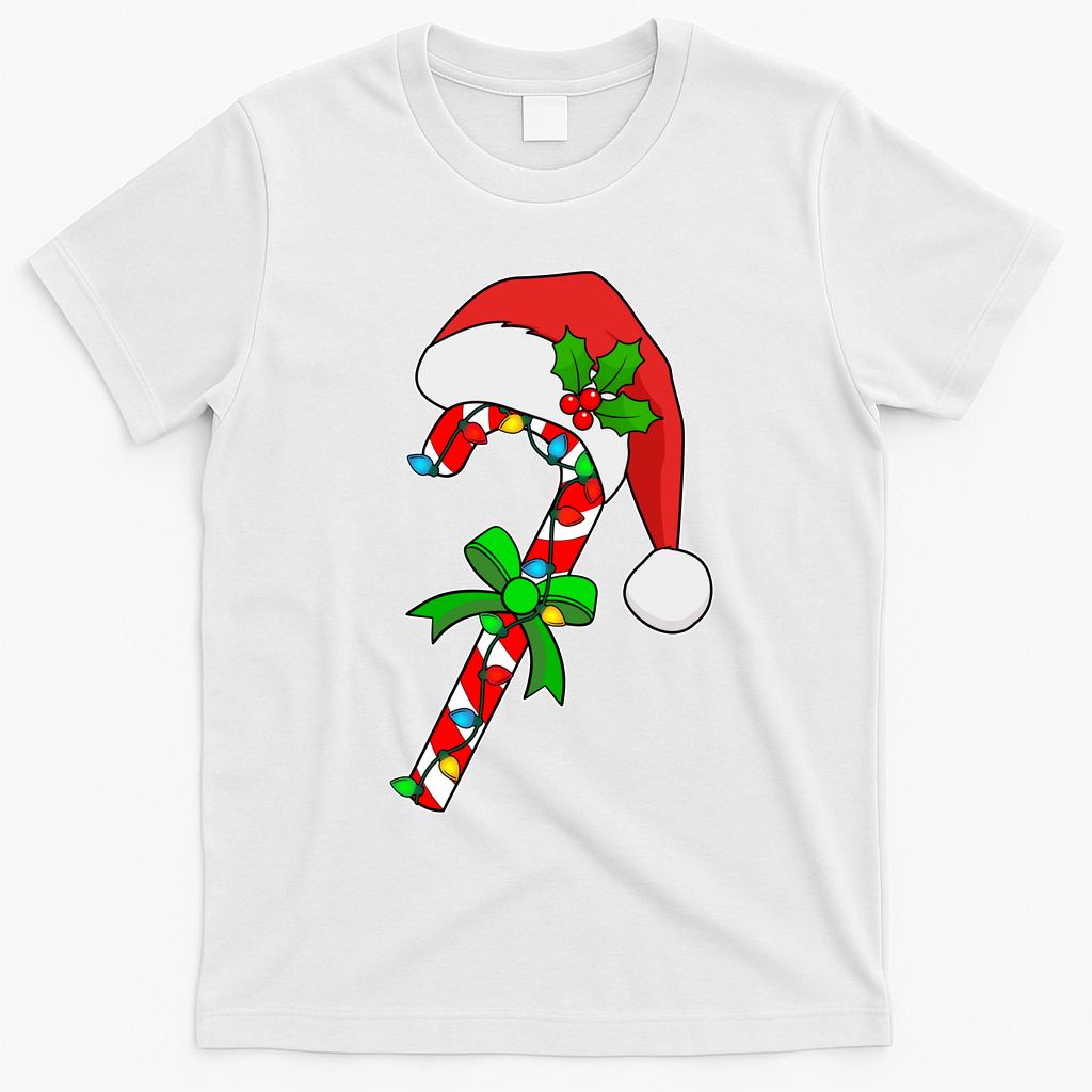Christmas Santa Hat Candy Cane T-Shirt - White