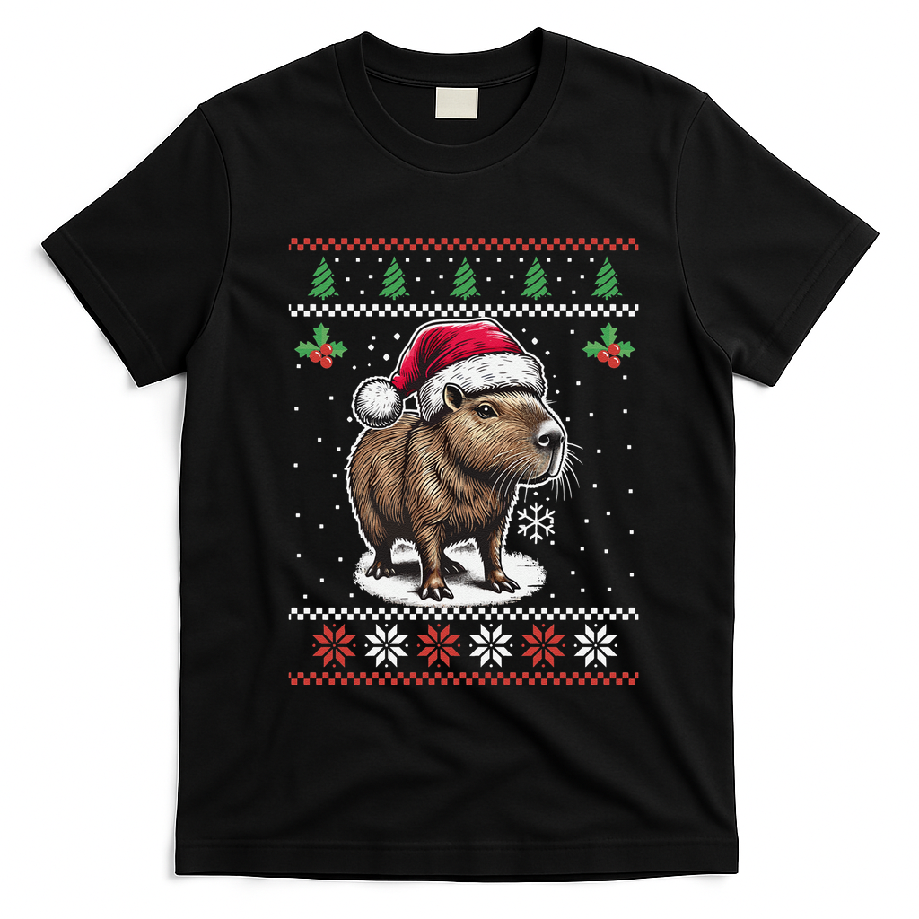 Capybara Santa Hat Ugly Christmas Sweater Xmas T-Shirt - Black