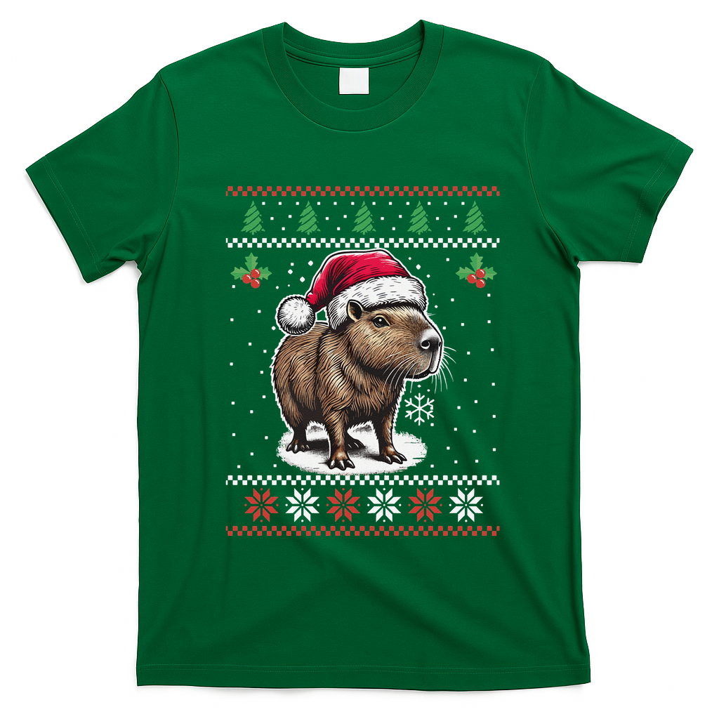 Capybara Santa Hat Ugly Christmas Sweater Xmas T-Shirt - Irish Green