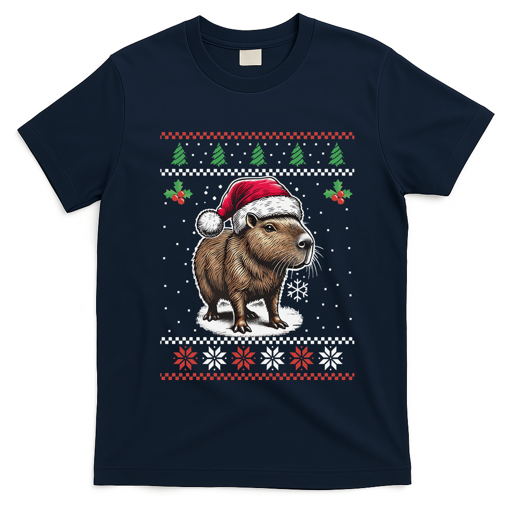Capybara Santa Hat Ugly Christmas Sweater Xmas T-Shirt - Navy Blue