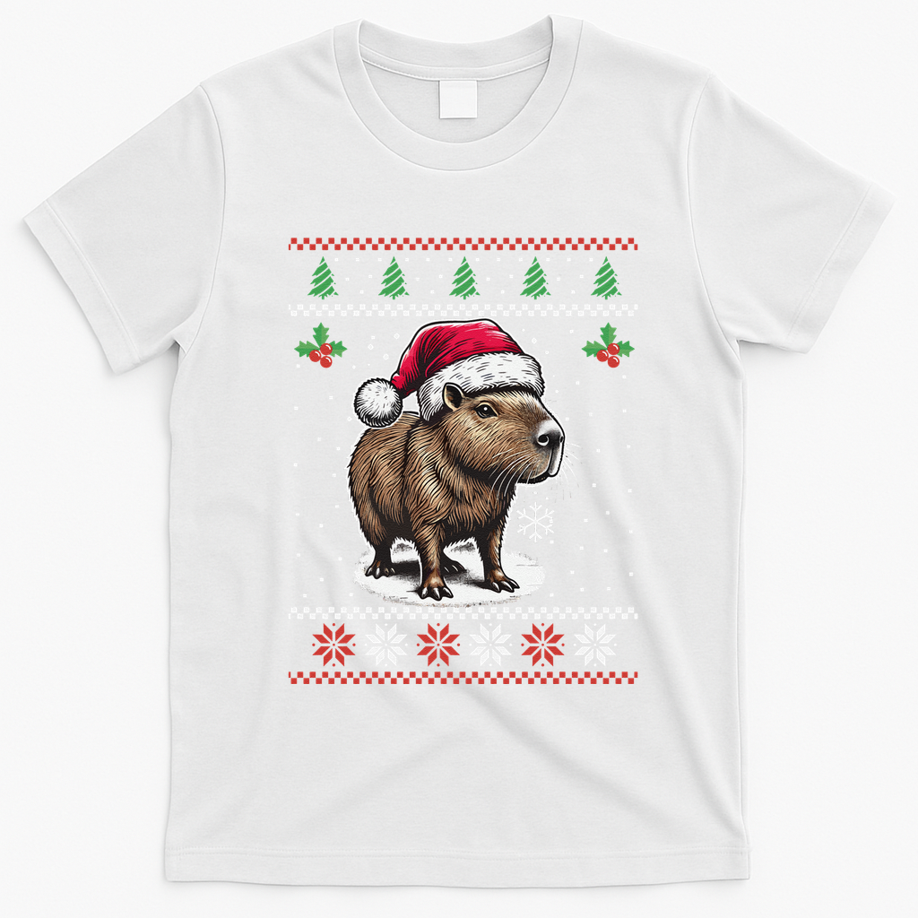 Capybara Santa Hat Ugly Christmas Sweater Xmas T-Shirt - White