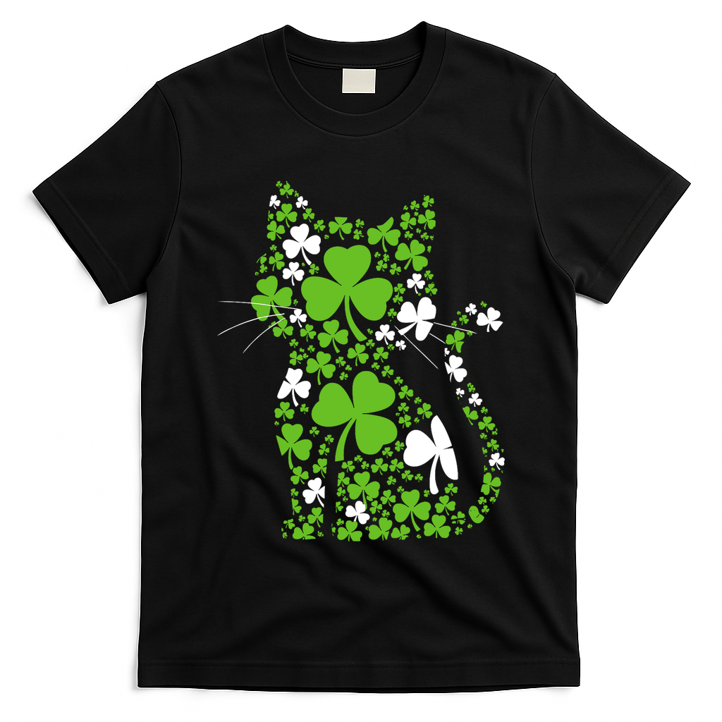 Cute St Patrick's Day Shamrock Clover Cat T-Shirt