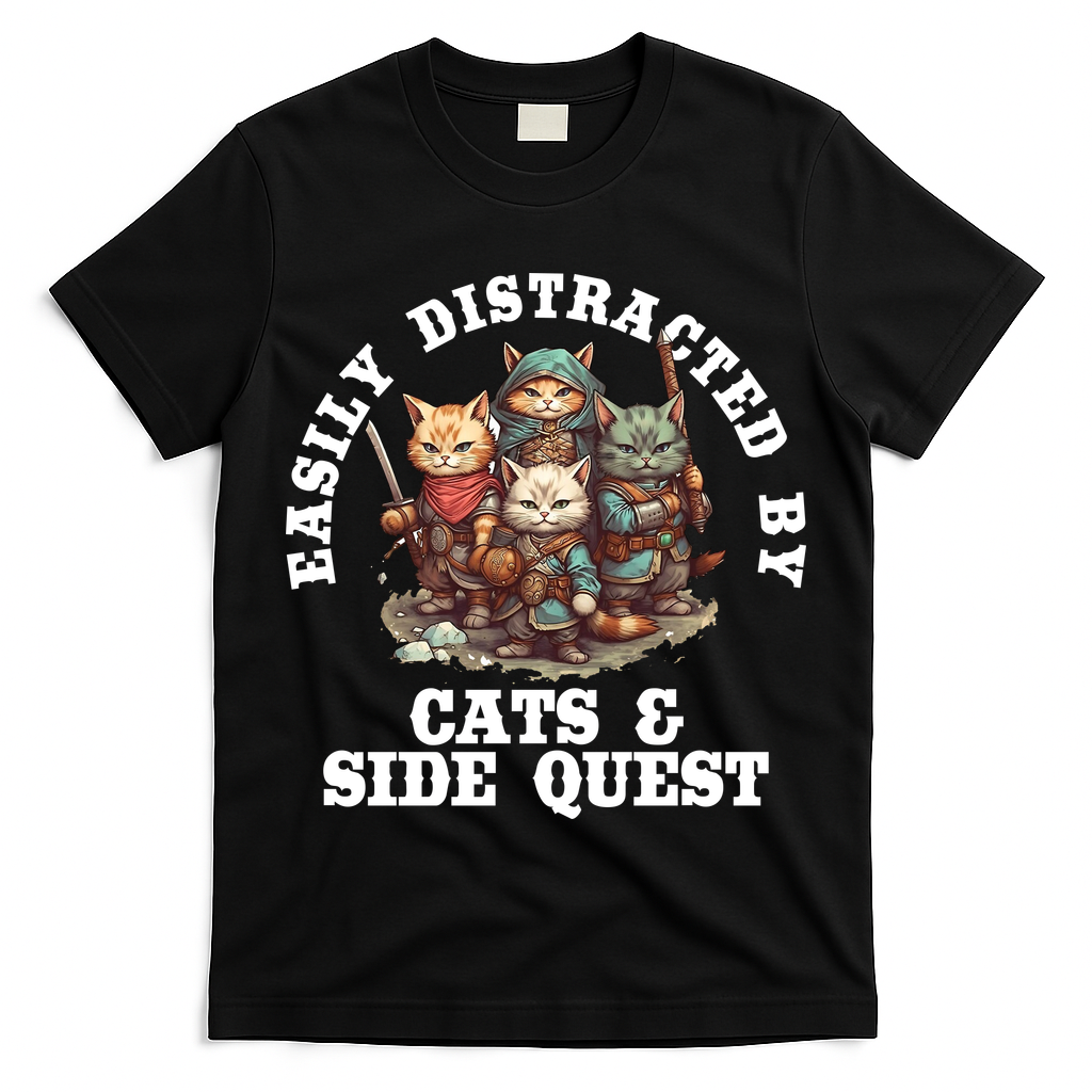 Cats Side Quest Distracted Tabletop Funny T-Shirt