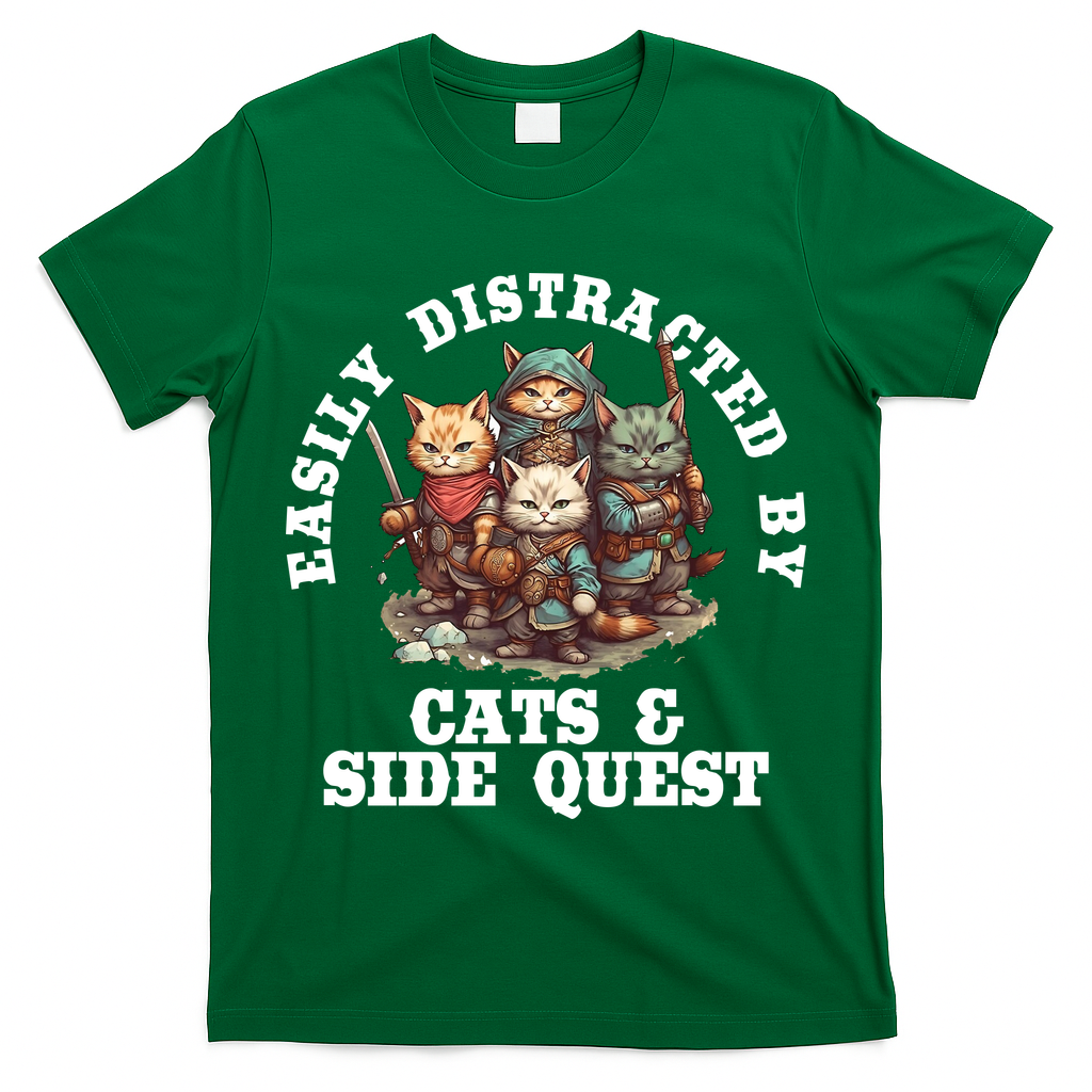 Cats Side Quest Distracted Tabletop Funny T-Shirt