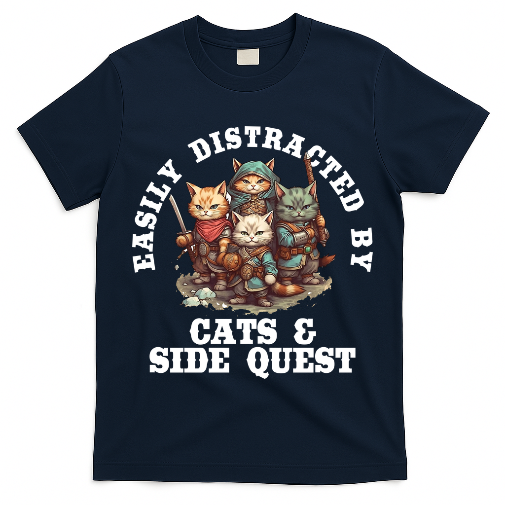 Cats Side Quest Distracted Tabletop Funny T-Shirt