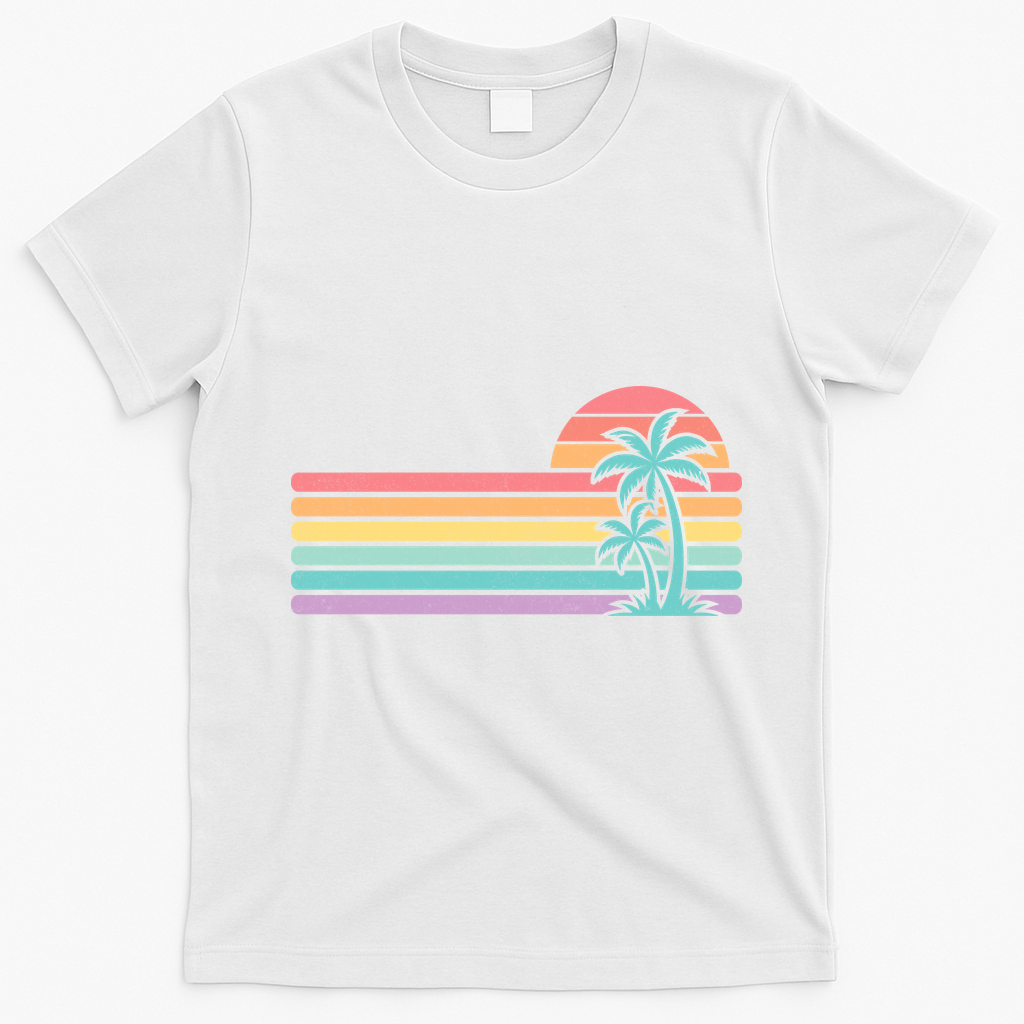 Colorful Sunset Stripe Palm Tree Summer Beach T-Shirt - White
