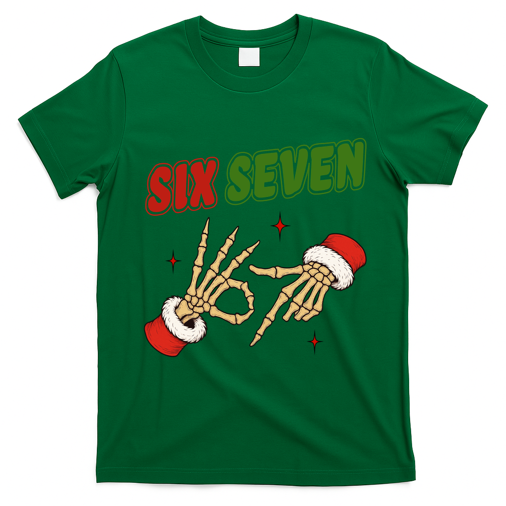 Christmas Six Seven Skeleton Santa 67 Funny X-Mas T-Shirt - Irish Green