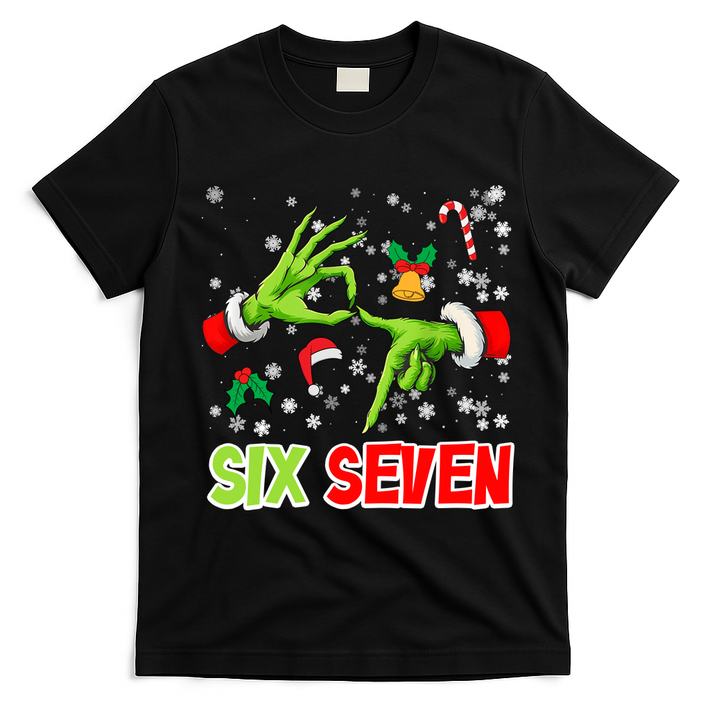 Christmas Six Seven 67 Funny Meme 6 7 Xmas T-Shirt - Black
