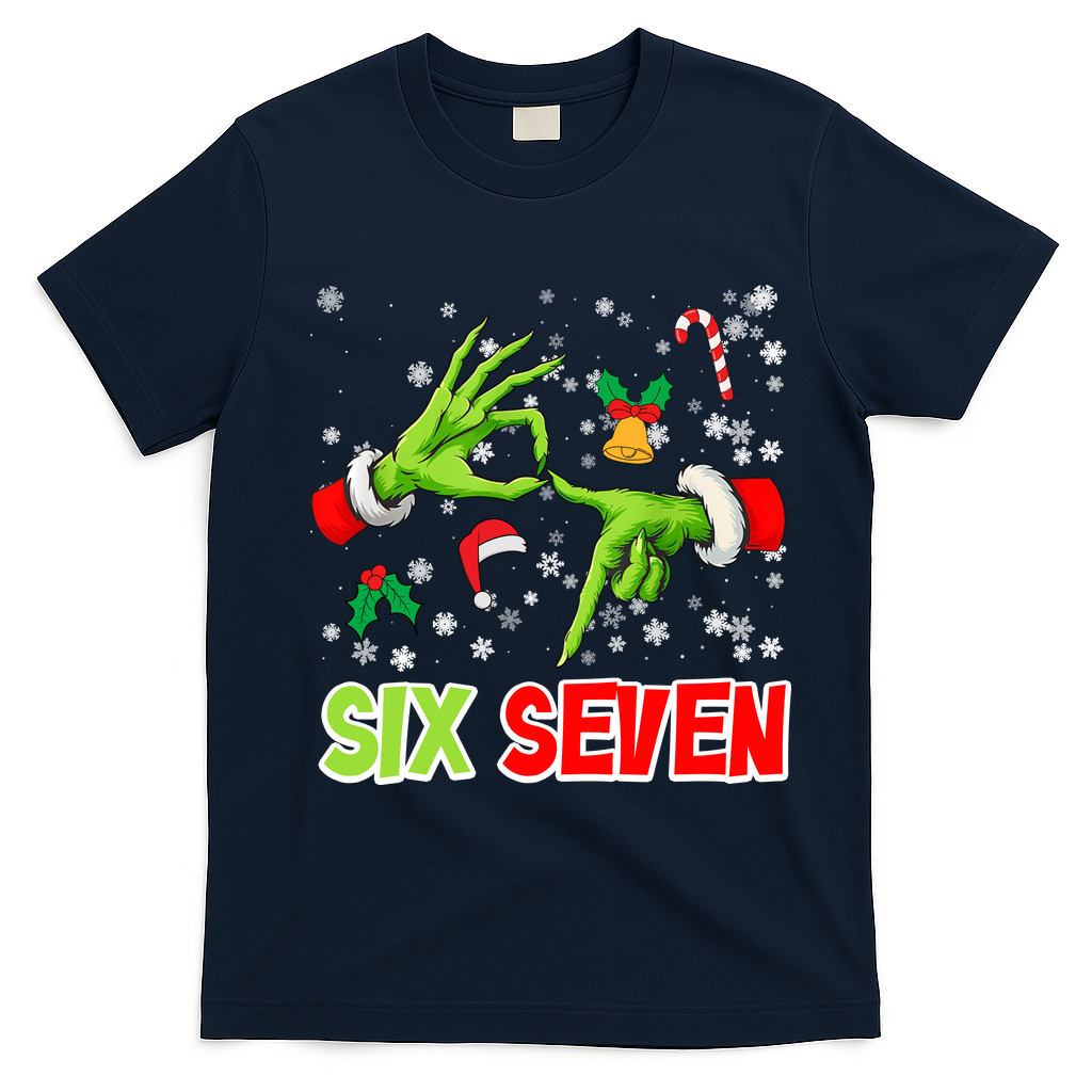 Christmas Six Seven 67 Funny Meme 6 7 Xmas T-Shirt - Navy Blue