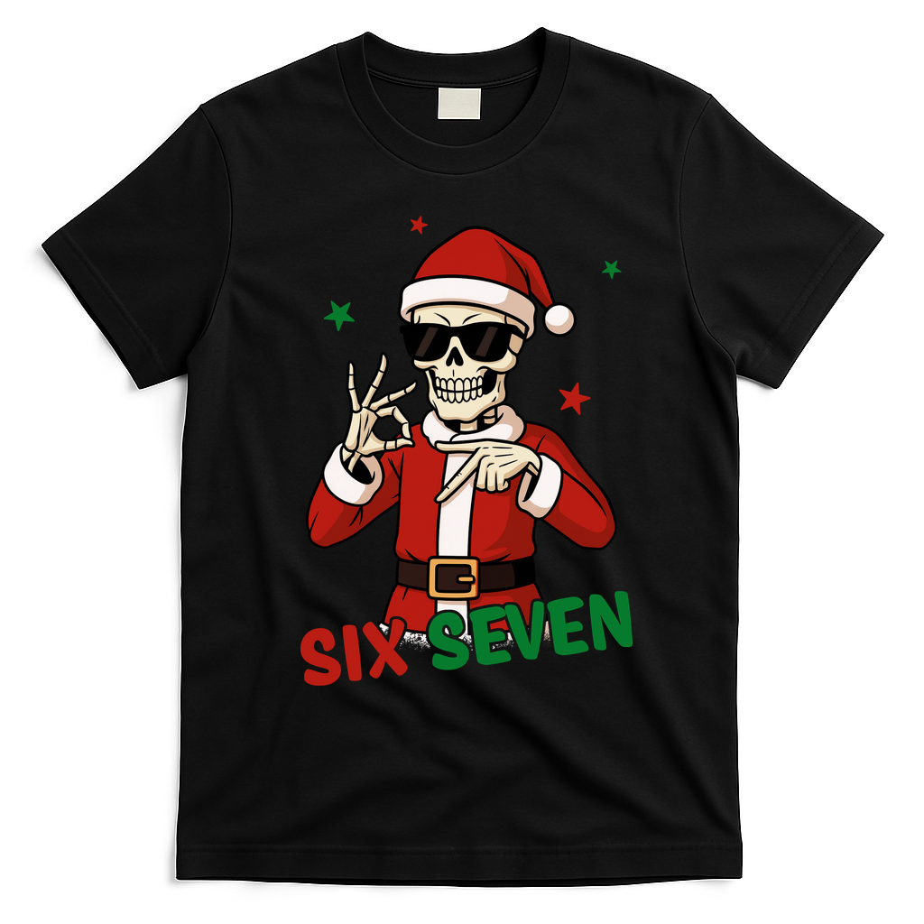 Christmas Six Seven Skeleton Santa 67 Meme Xmas T-Shirt - Black