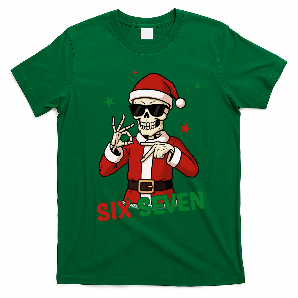 Christmas Six Seven Skeleton Santa 67 Meme Xmas T-Shirt - Irish Green