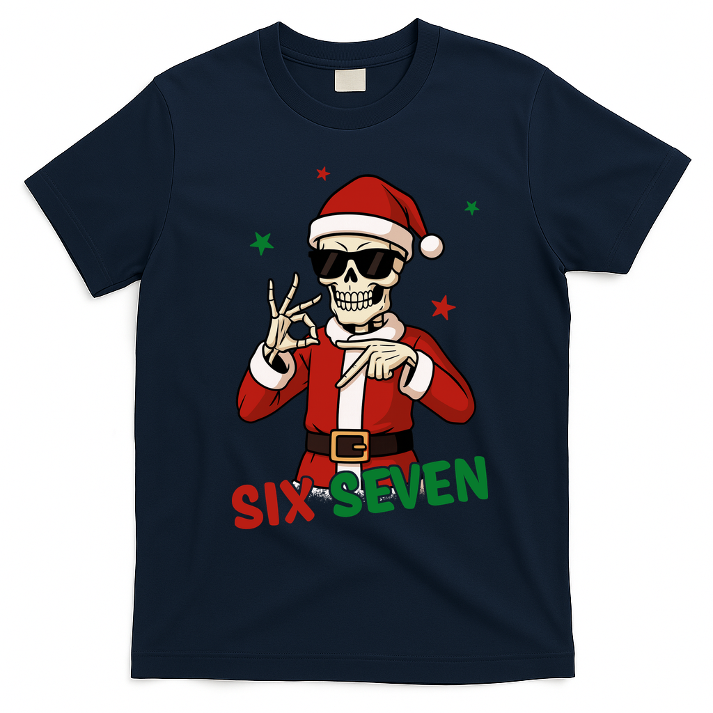 Christmas Six Seven Skeleton Santa 67 Meme Xmas T-Shirt - Navy Blue