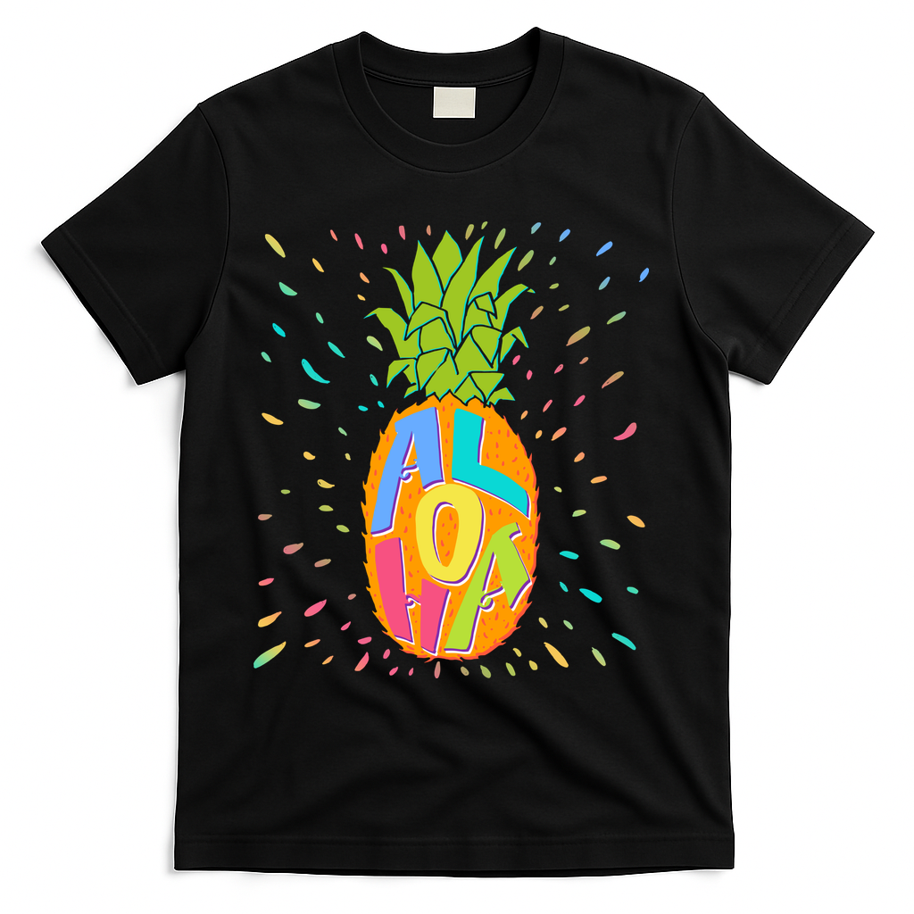 Colorful Summer Time Hawaiian Aloha Pineapple T-Shirt - Black