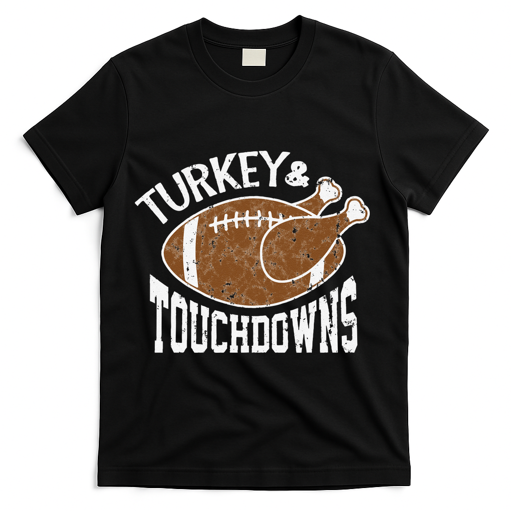 Cute Turkey And Touchdowns Funny Thanksgiving Football T-Shirt - Black
