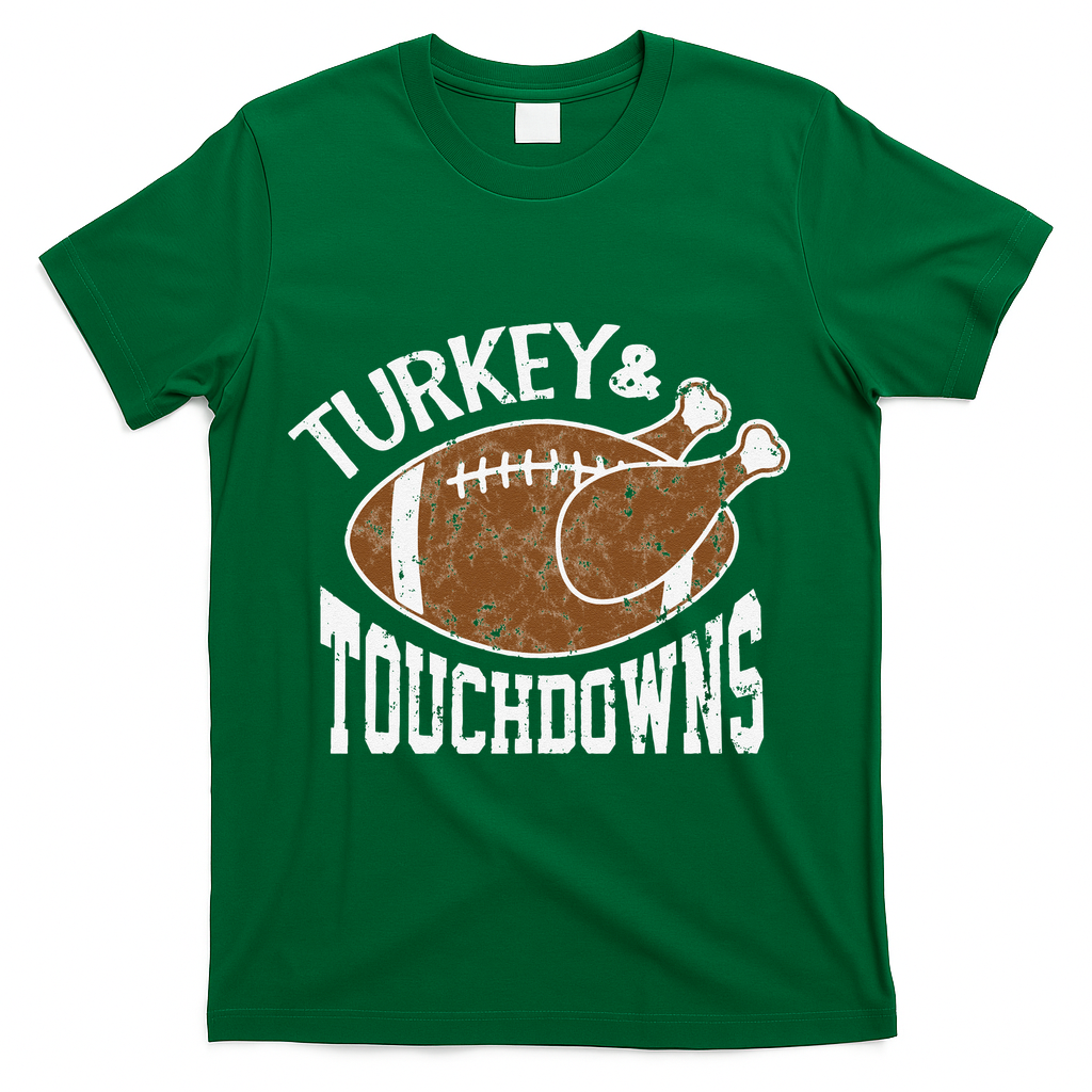 Cute Turkey And Touchdowns Funny Thanksgiving Football T-Shirt - Green