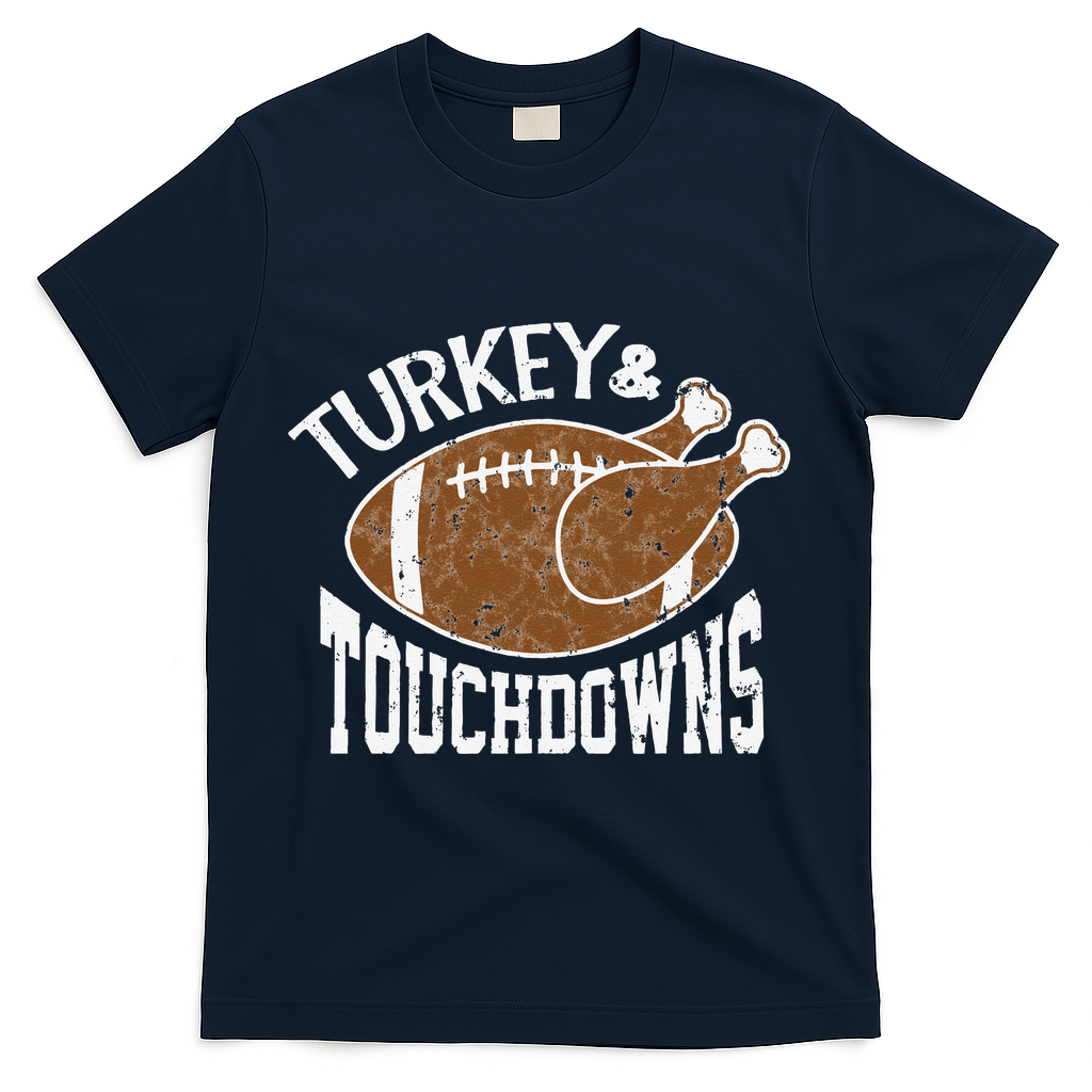Cute Turkey And Touchdowns Funny Thanksgiving Football T-Shirt - Navy