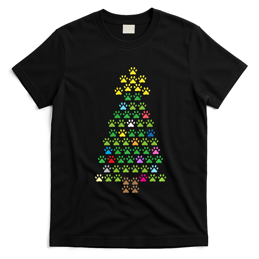 Christmas Tree Dog Paws Christmas Lights T-Shirt - Black