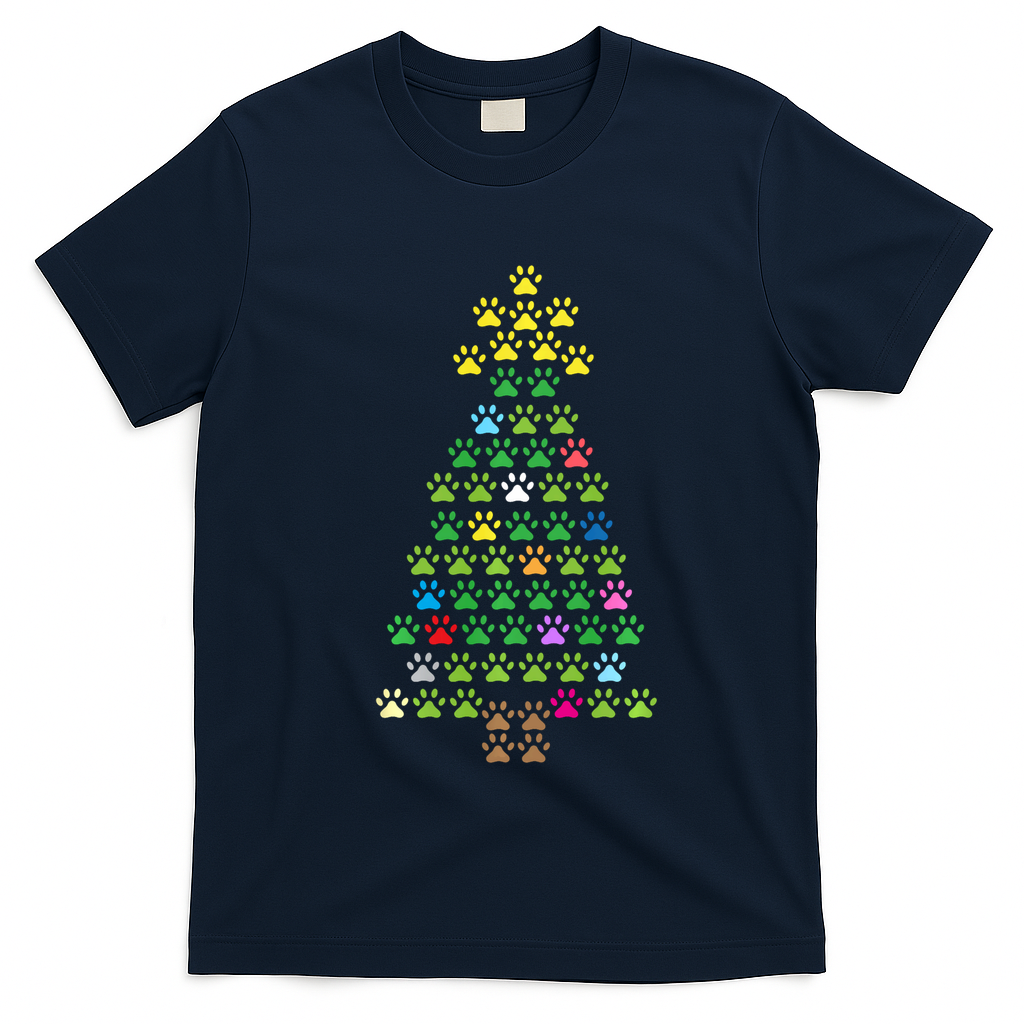 Christmas Tree Dog Paws Christmas Lights T-Shirt - Navy Blue