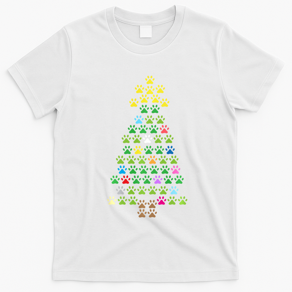 Christmas Tree Dog Paws Christmas Lights T-Shirt - White