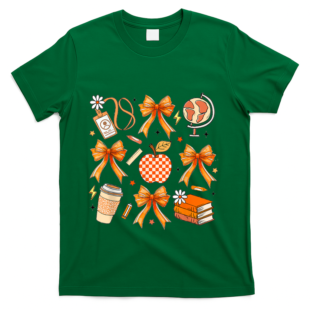 Coquette Teacher Game Day Fall Autumn Book Coffee T-Shirt - Green