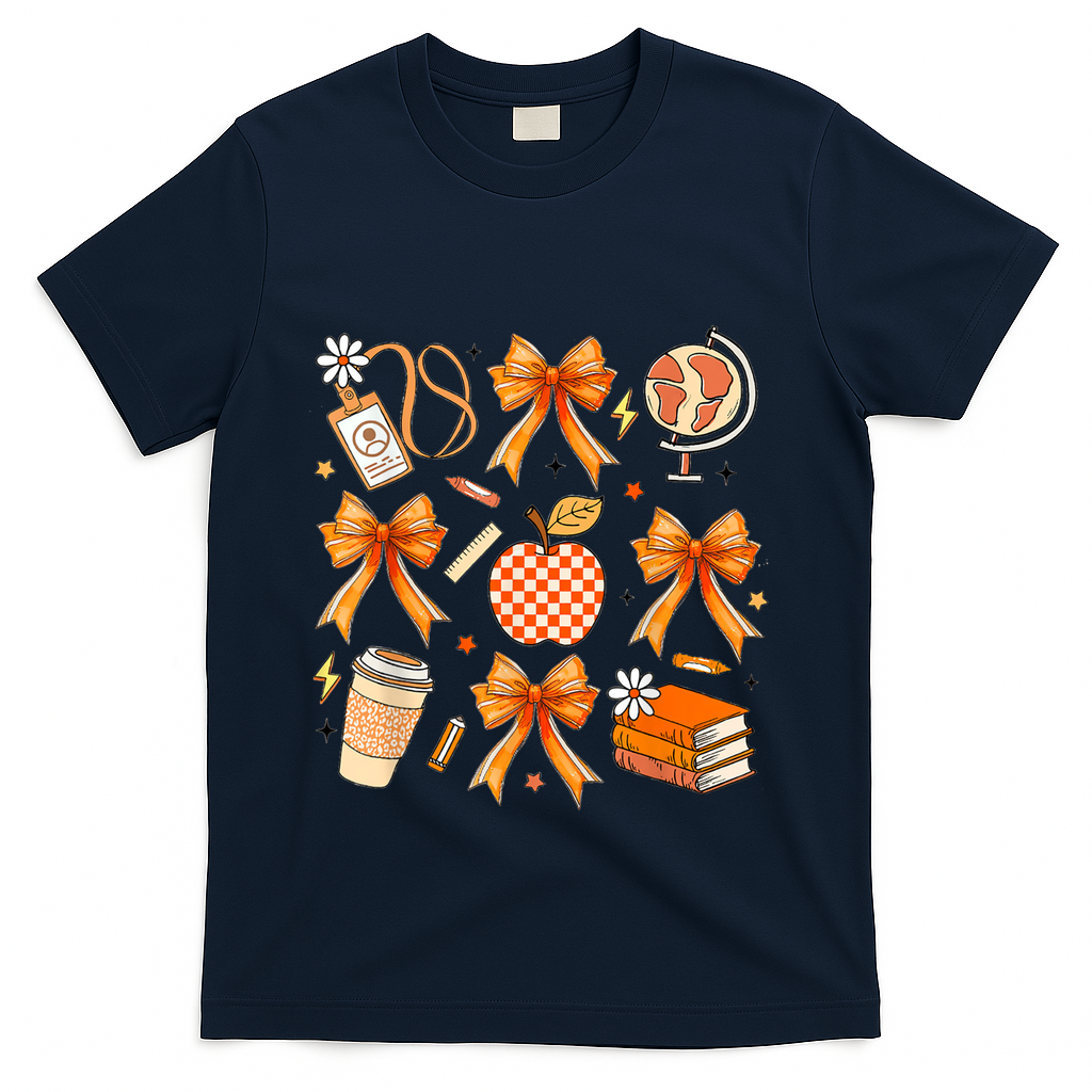 Coquette Teacher Game Day Fall Autumn Book Coffee T-Shirt - Navy