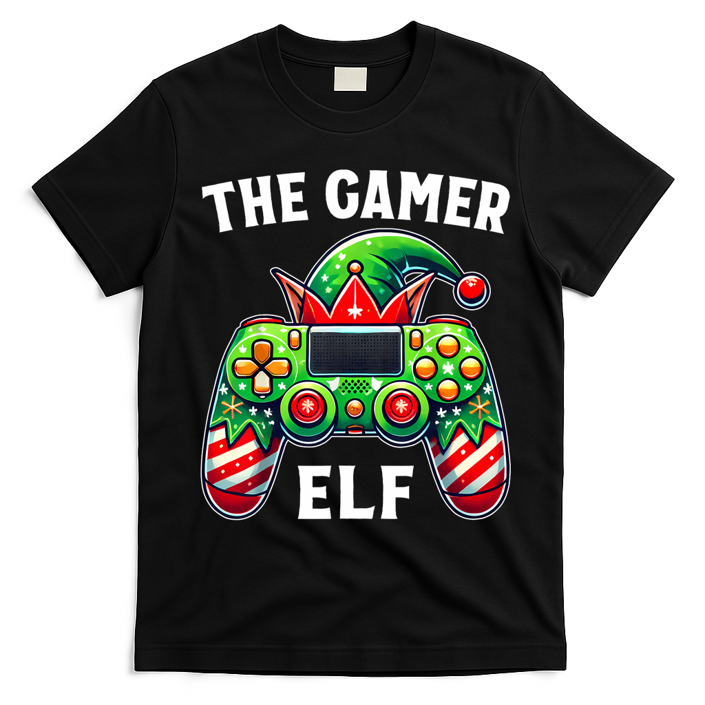 Christmas The Gamer Elf Video Gaming T-Shirt - Black
