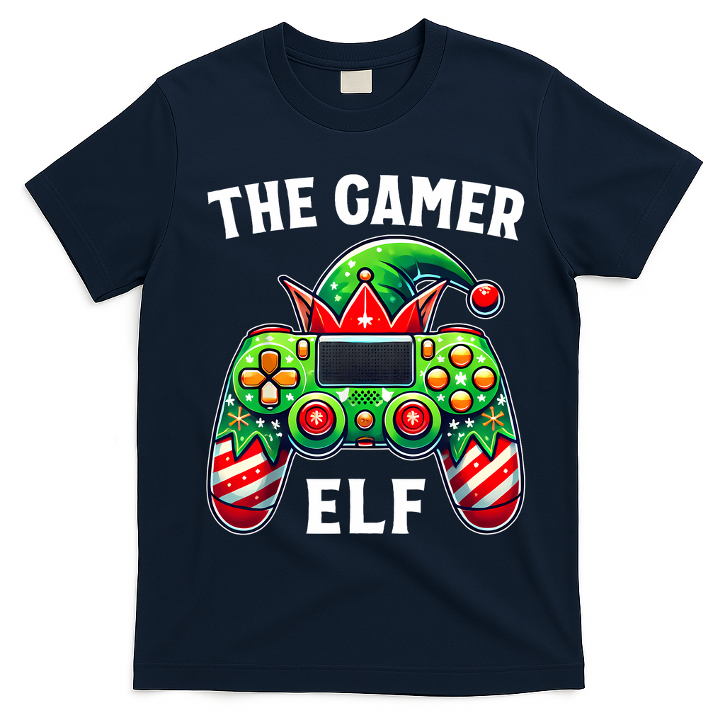 Christmas The Gamer Elf Video Gaming T-Shirt - Navy Blue