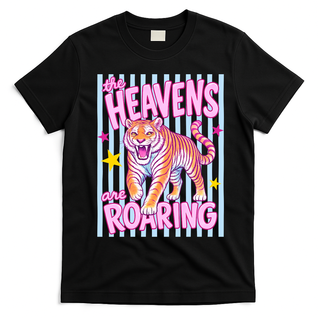 Colorful Tiger Heavens Roaring Quote Retro T-Shirt - Black