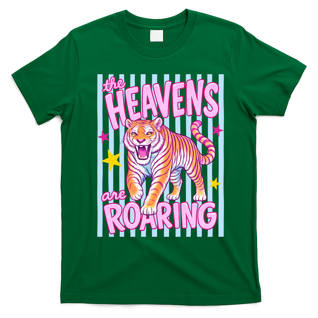 Colorful Tiger Heavens Roaring Quote Retro T-Shirt - Irish Green