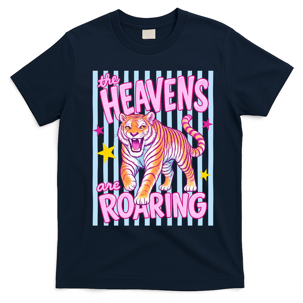 Colorful Tiger Heavens Roaring Quote Retro T-Shirt - Navy Blue