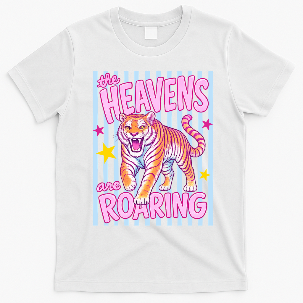 Colorful Tiger Heavens Roaring Quote Retro T-Shirt - White