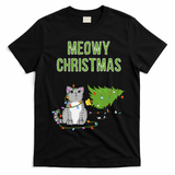 Christmas Tree Knocked Over By Gray Tabby Cat Meowy Xmas T-Shirt - Black