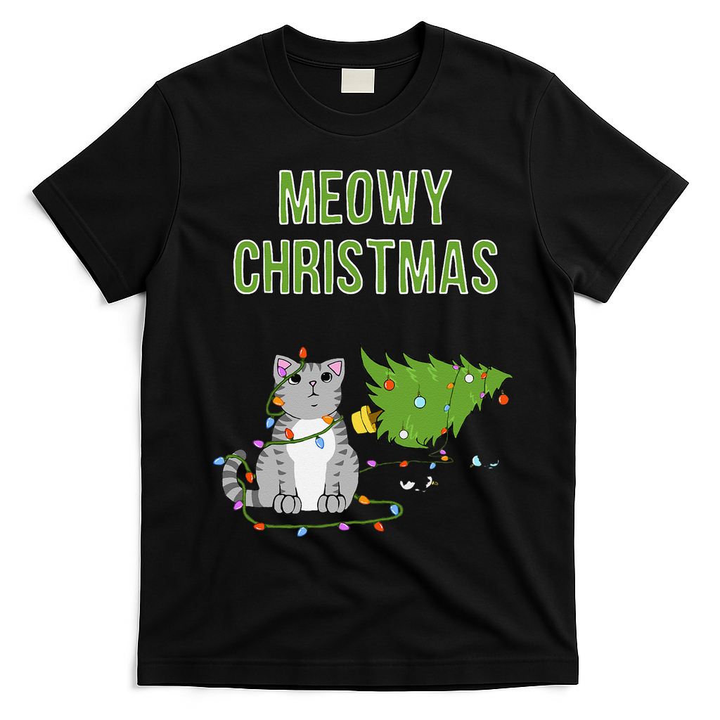 Christmas Tree Knocked Over By Gray Tabby Cat Meowy Xmas T-Shirt - Black