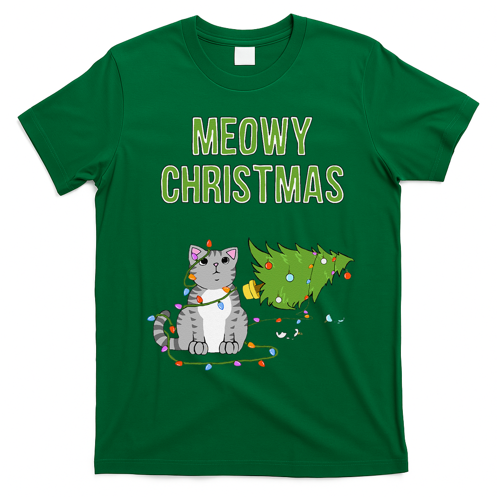 Christmas Tree Knocked Over By Gray Tabby Cat Meowy Xmas T-Shirt - Irish Green