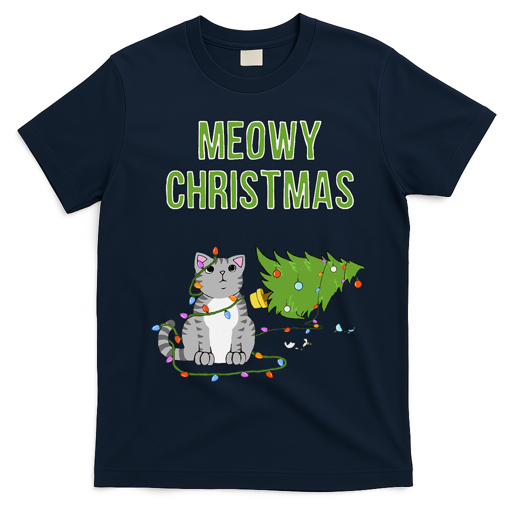 Christmas Tree Knocked Over By Gray Tabby Cat Meowy Xmas T-Shirt - Navy Blue
