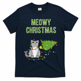 Christmas Tree Knocked Over By Gray Tabby Cat Meowy Xmas T-Shirt - Navy Blue