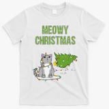 Christmas Tree Knocked Over By Gray Tabby Cat Meowy Xmas T-Shirt - White