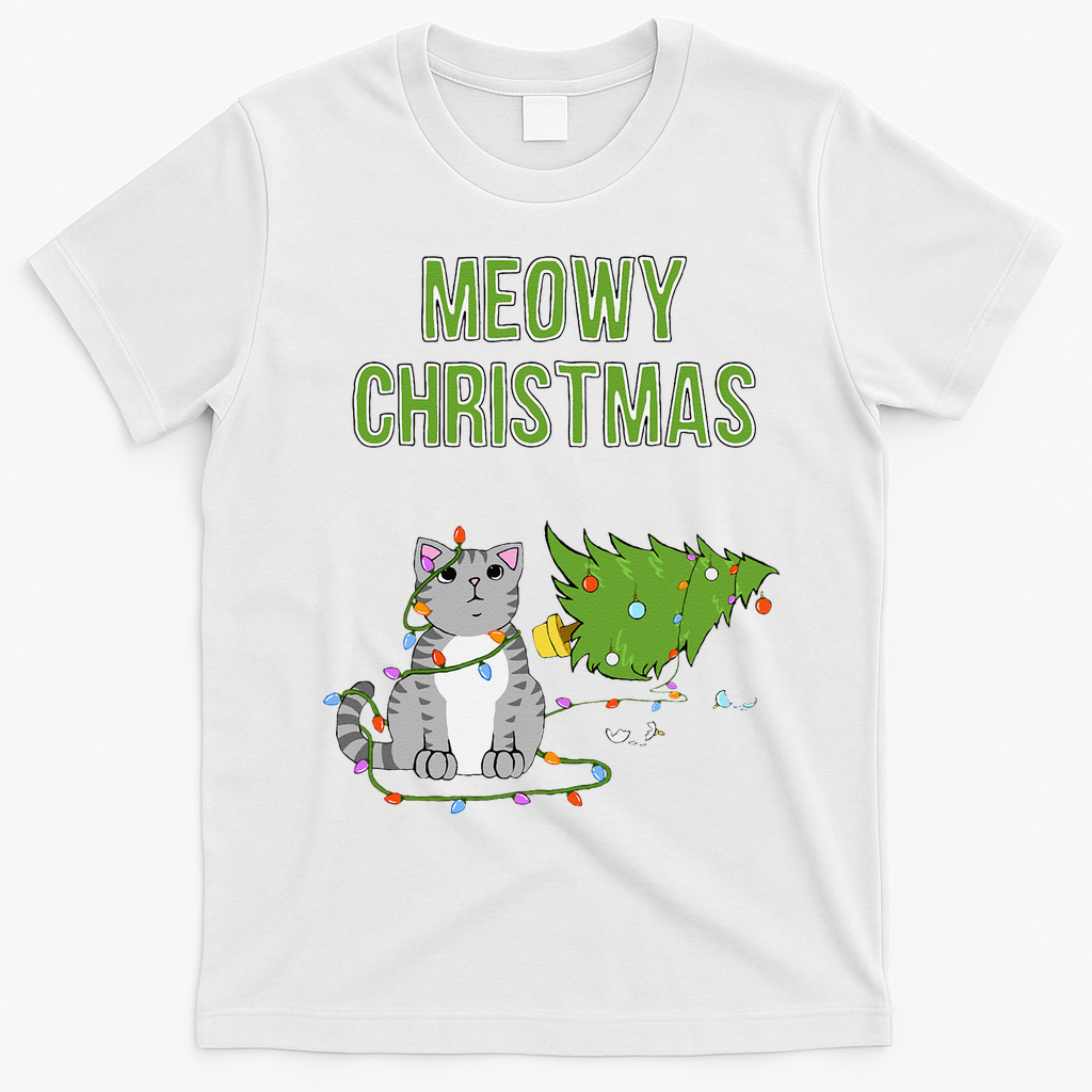 Christmas Tree Knocked Over By Gray Tabby Cat Meowy Xmas T-Shirt - White