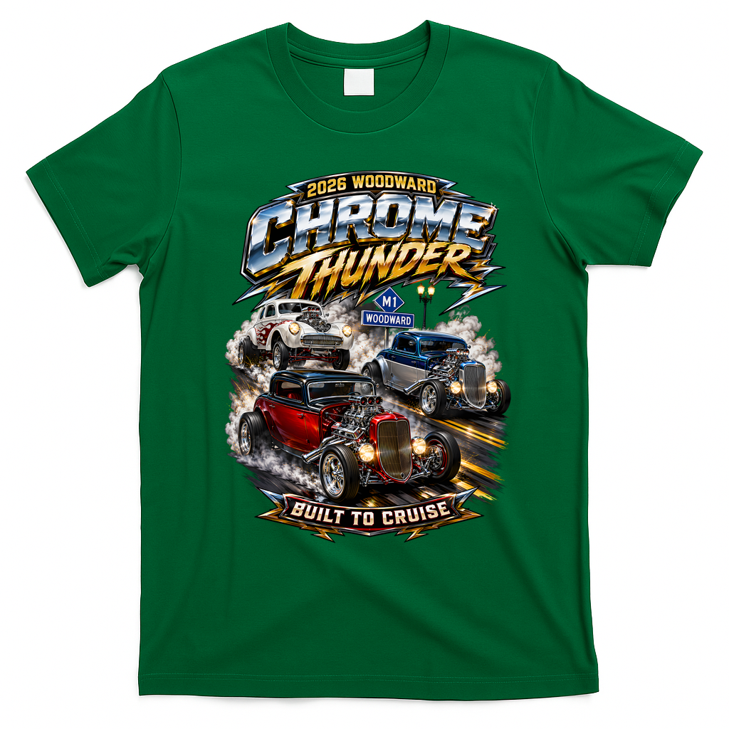Chrome Thunder On Woodward Built To Cruise 2026 T-Shirt - Irish Green