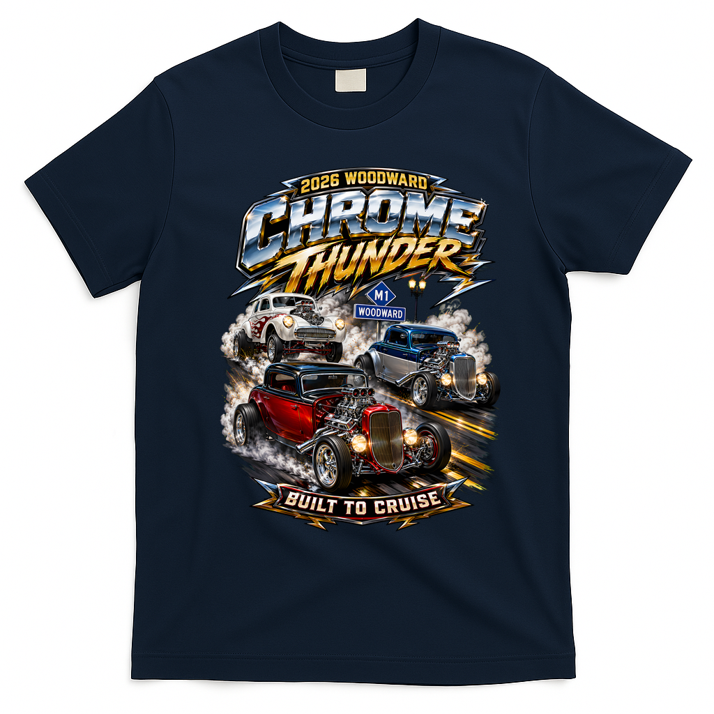 Chrome Thunder On Woodward Built To Cruise 2026 T-Shirt - Navy Blue