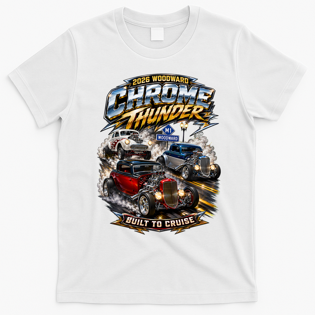 Chrome Thunder On Woodward Built To Cruise 2026 T-Shirt - White