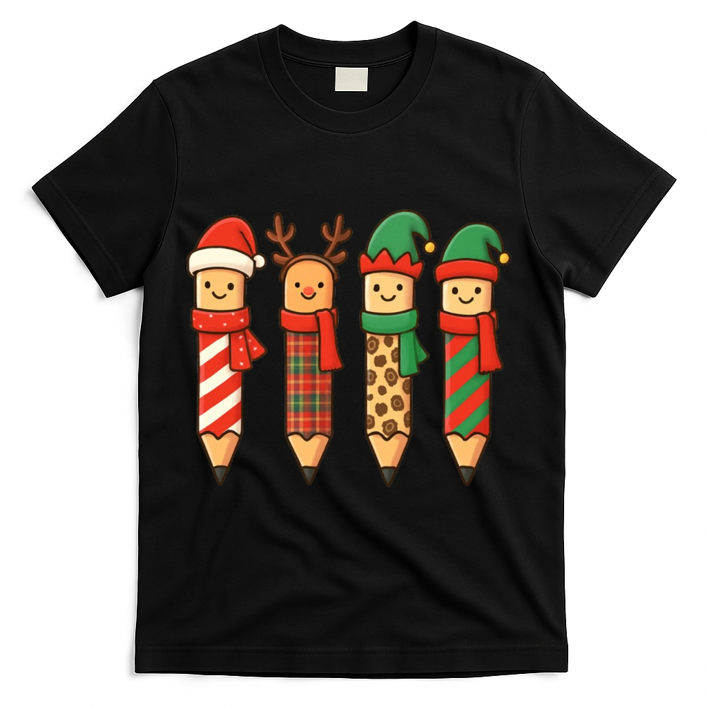 Coquette Teacher Students Christmas Pencils Festive T-Shirt - Black