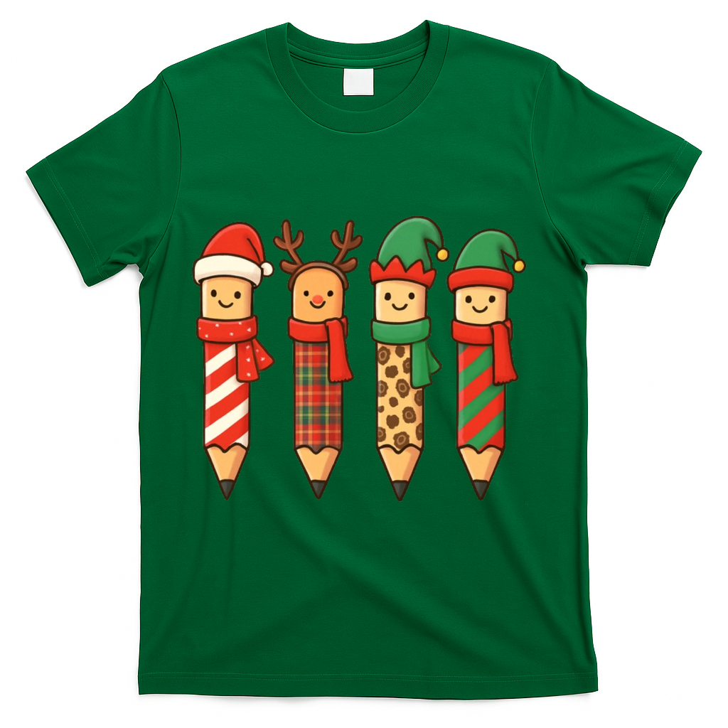 Coquette Teacher Students Christmas Pencils Festive T-Shirt - Green