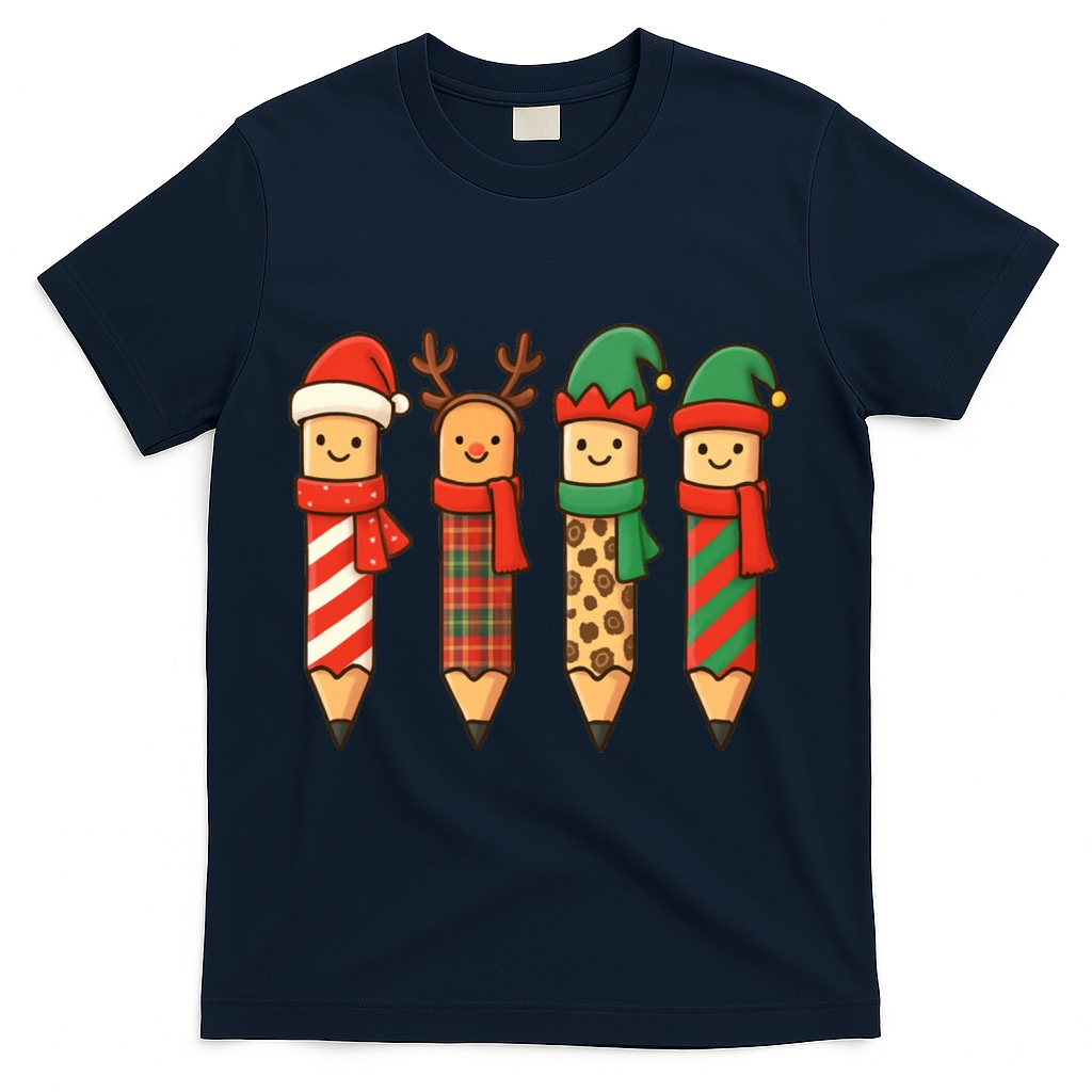 Coquette Teacher Students Christmas Pencils Festive T-Shirt - Navy