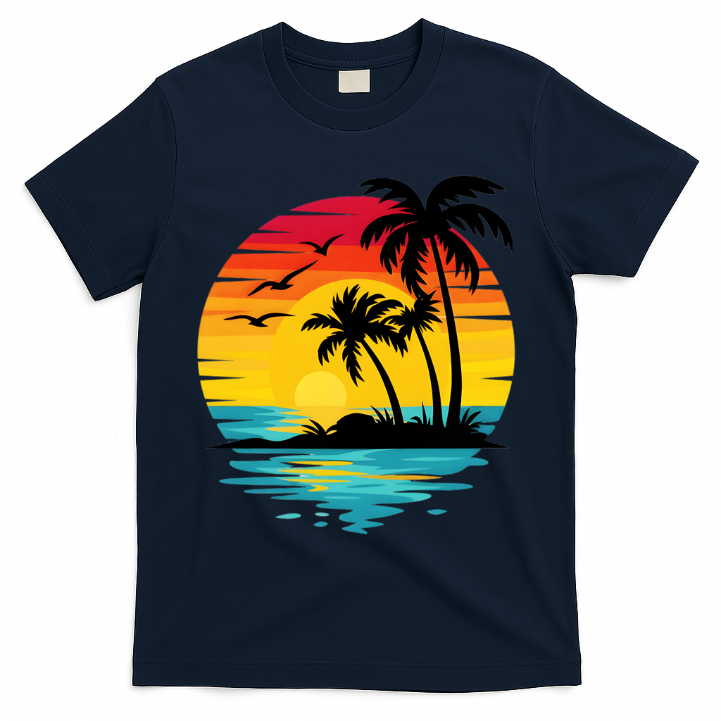 Coastal Tropical Sunset Beach T-Shirt - Navy