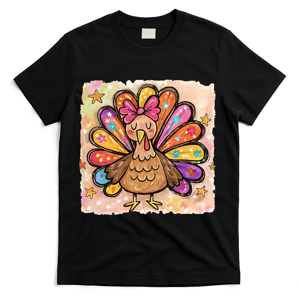 Cute Thanksgiving Turkey Colorful Portrait T-Shirt - Black