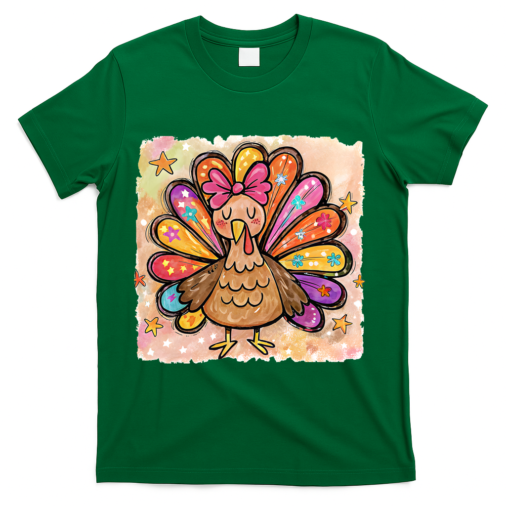 Cute Thanksgiving Turkey Colorful Portrait T-Shirt - Green