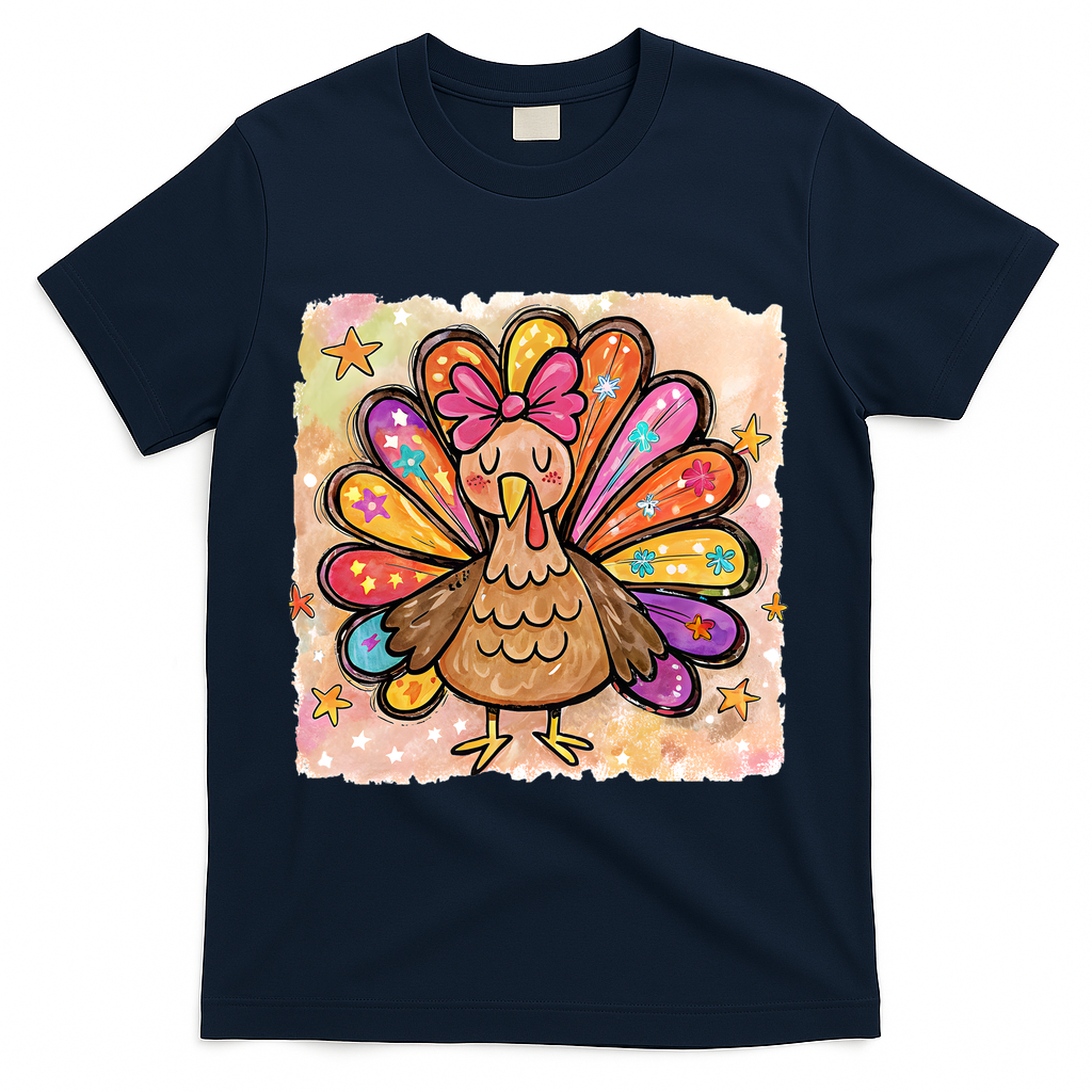 Cute Thanksgiving Turkey Colorful Portrait T-Shirt - Navy